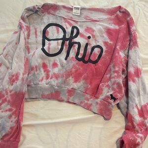 PINK Victoria's Secret Scarlett and Gray Tie-Dye OSU Crop Sweatshirt